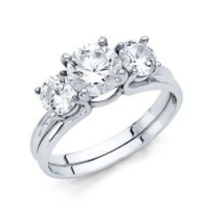 3 stone 14k white gold Engagement Ring Duo Set
